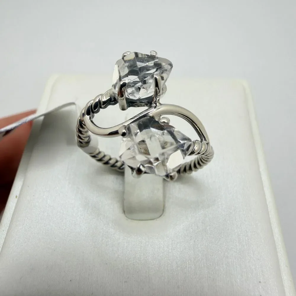 NWT‎ 8x7mm double HERKIMER diamond quartz ring w/ sterling silver rope design!